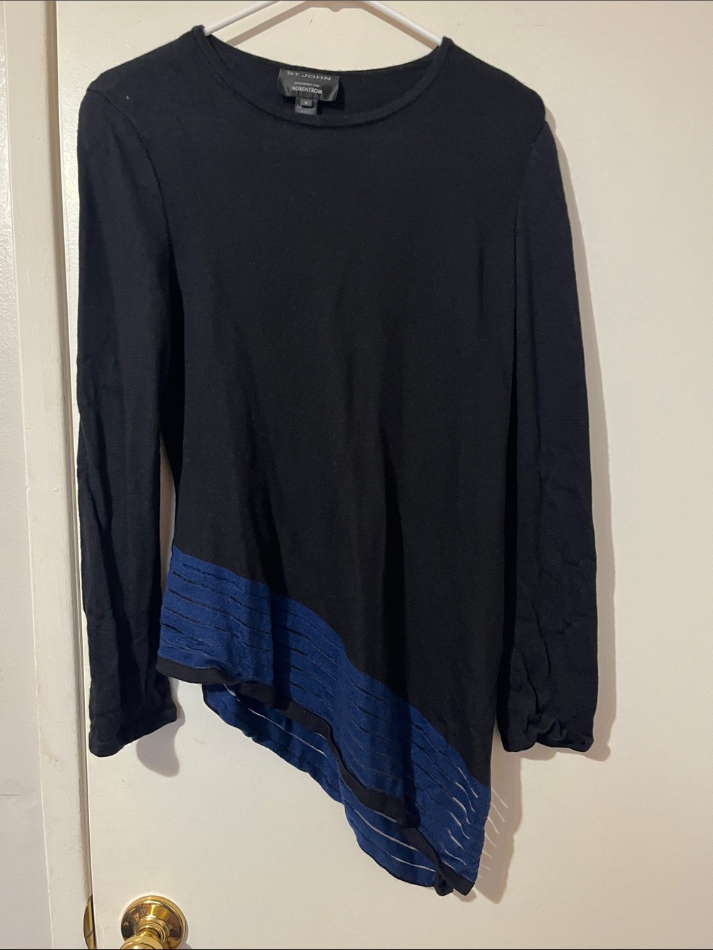 St. John Black Long Sleeve Top with Blue Trim Asymmetric Hem size M